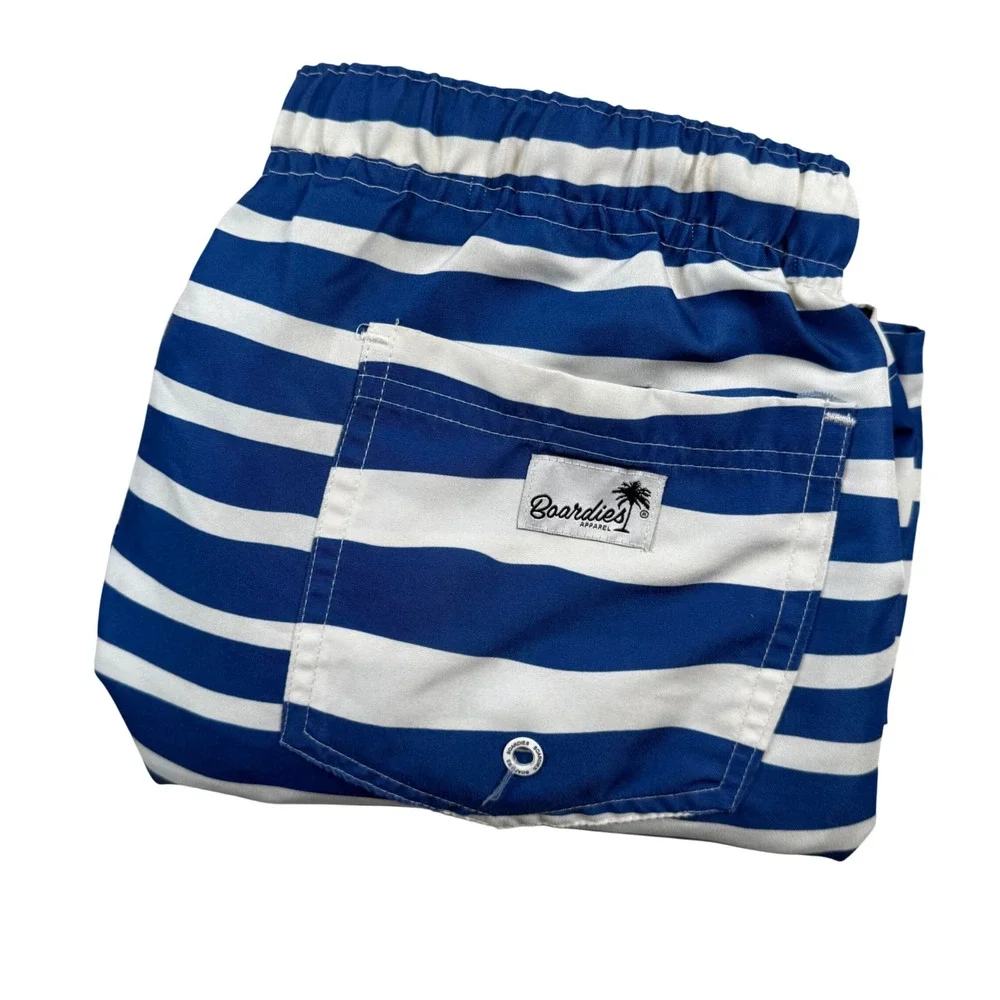 Boardies Swim Trunks Mens Medium Blue White Striped Drawstring Mesh Lining